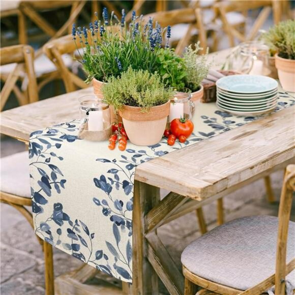 Blue and White Table Runner 13x71 Watercolor Leaves Farmhouse Dining Table Decor - Picture 4 of 8